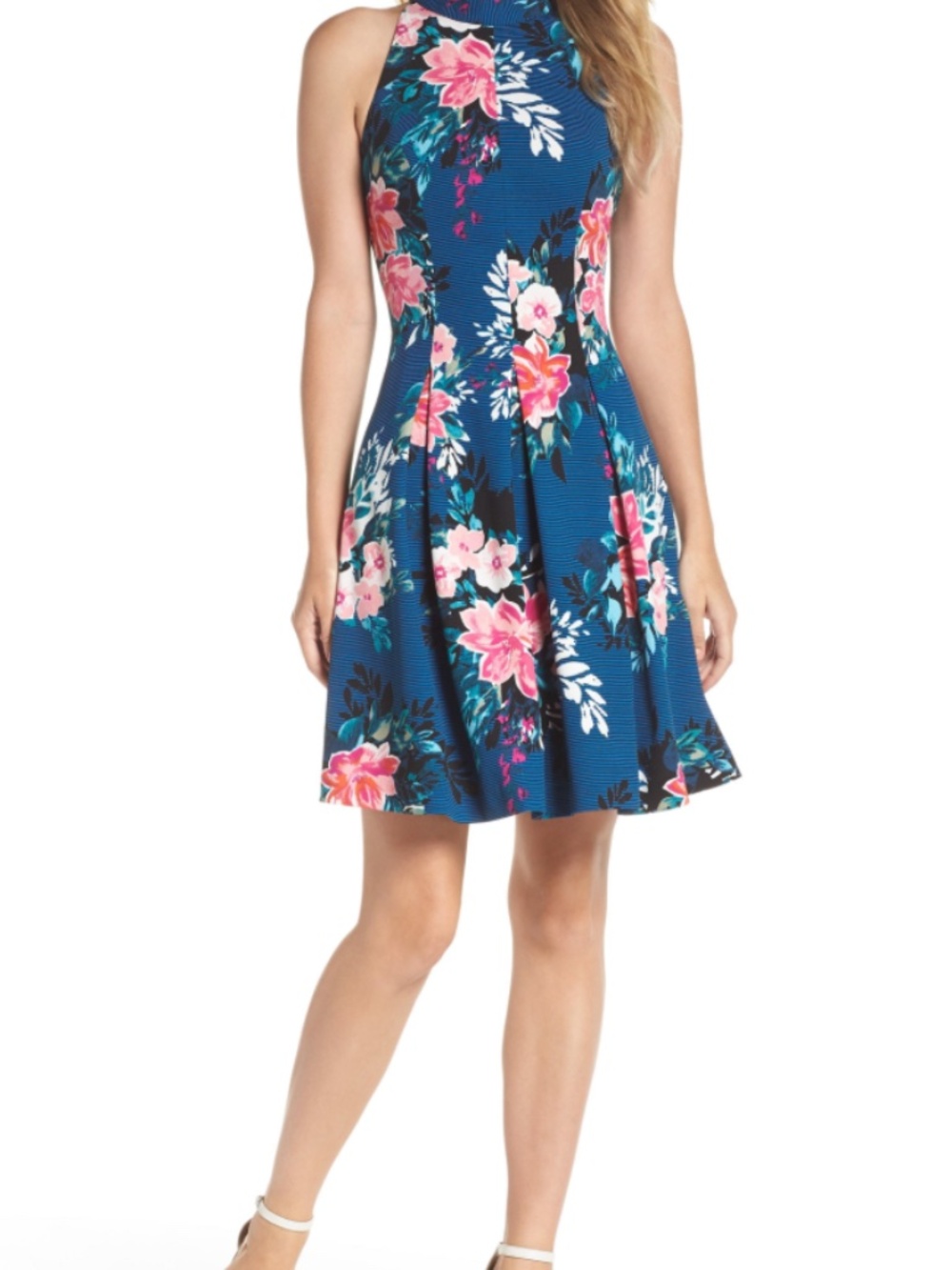 NWT Vince Camuto Floral Scuba Crepe Fit & Flare Dress Blue Pink Halter Size 6P